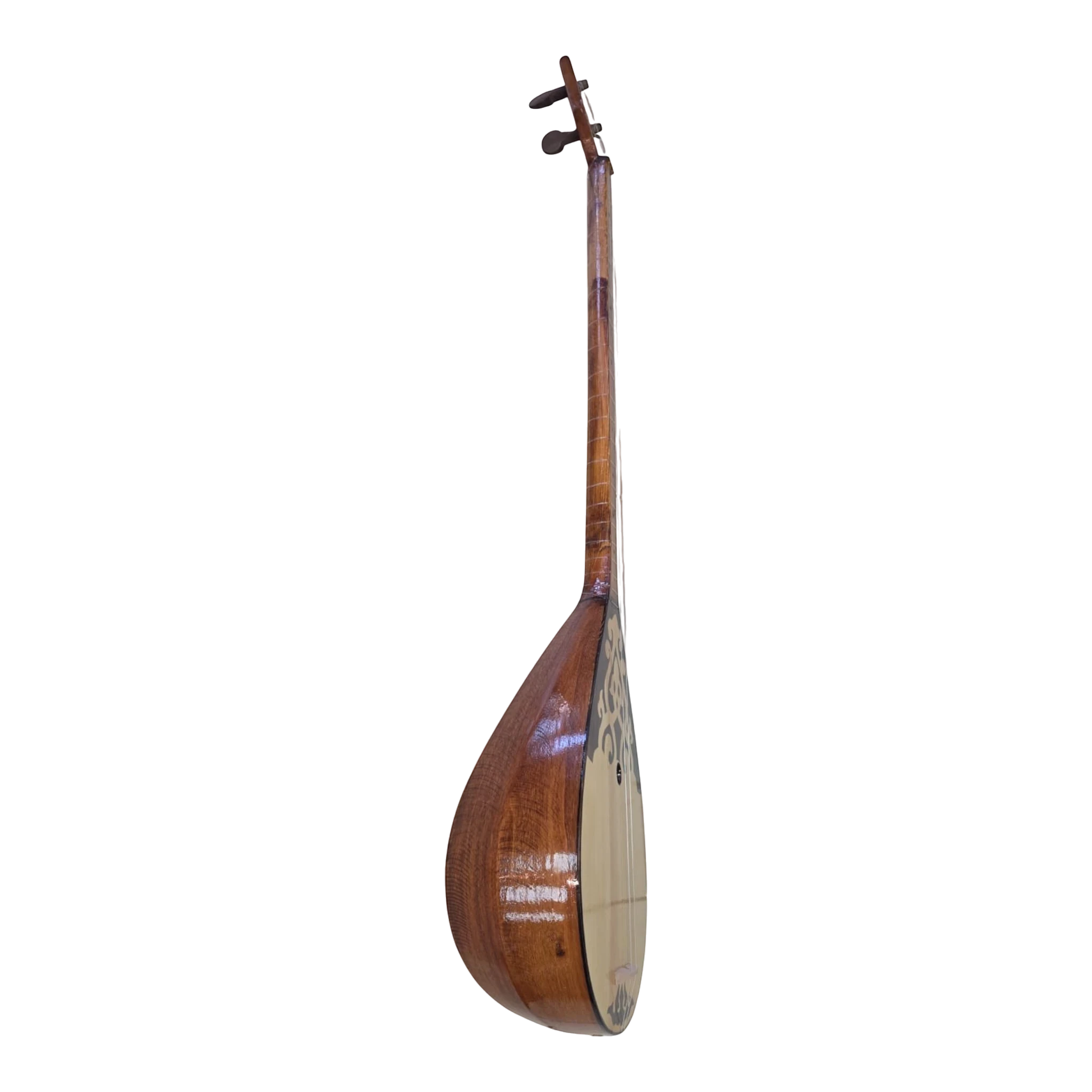 Asia Trade traditional Kazakh dombra string instrument with a polished wooden body and intricate soundboard design