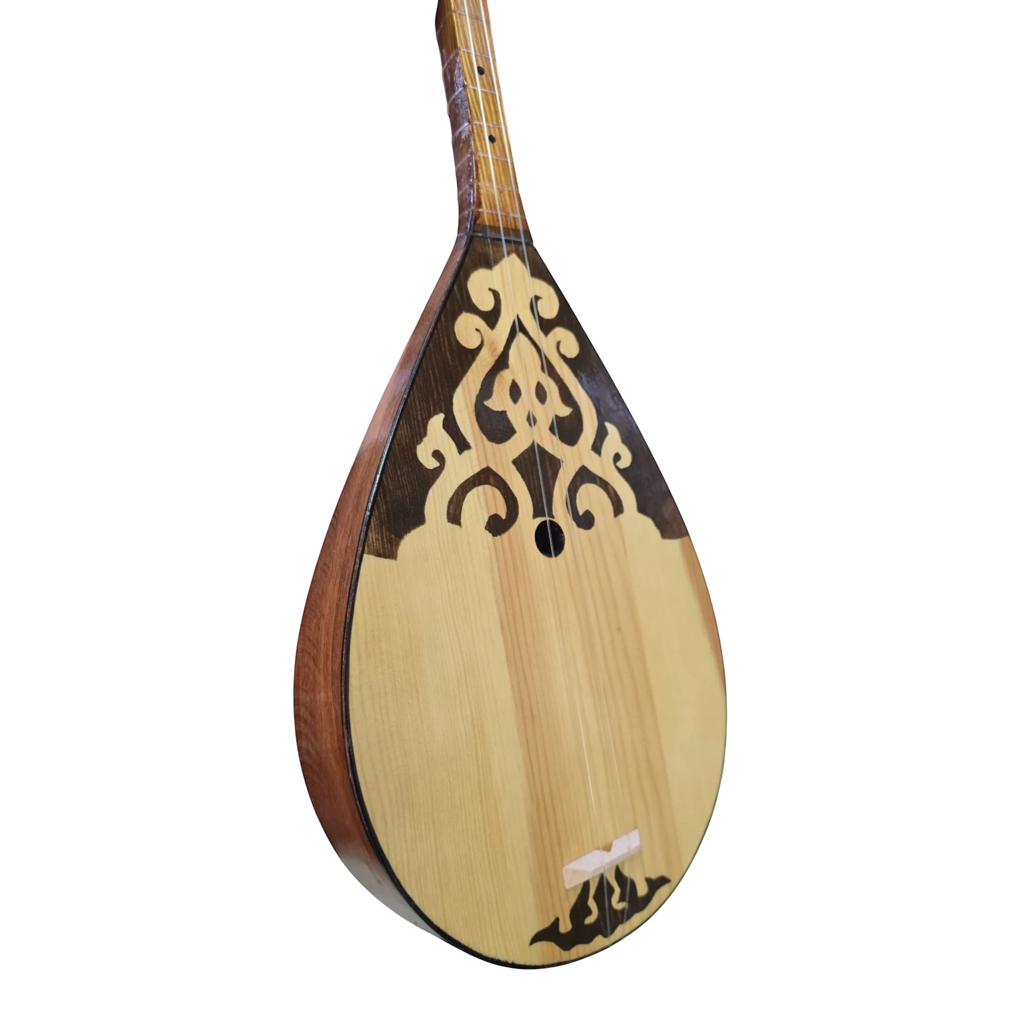 Asia Trade traditional Kazakh Dombra string instrument with ornate dark wood inlay on a light wooden body