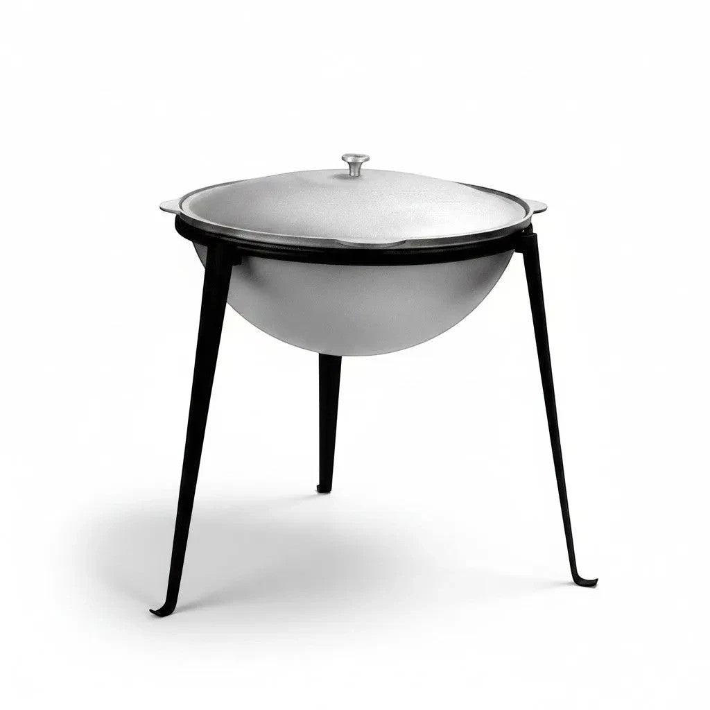 Asia Trade 15L kazan tripod stand with a silver cast iron cauldron and lid, featuring sturdy black folding legs.