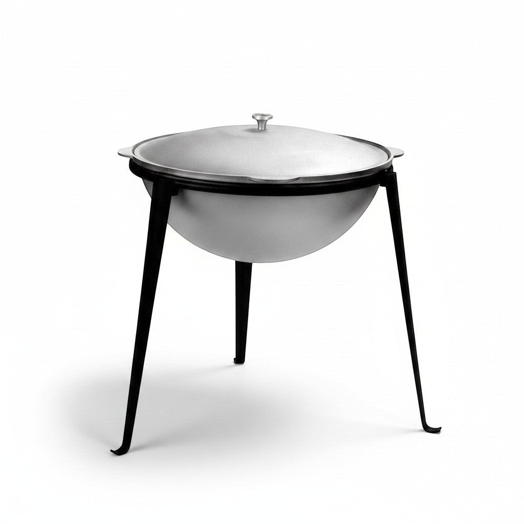 Asia Trade 9-liter kazan tripod stand with black steel legs and silver pot, ideal for outdoor cooking.