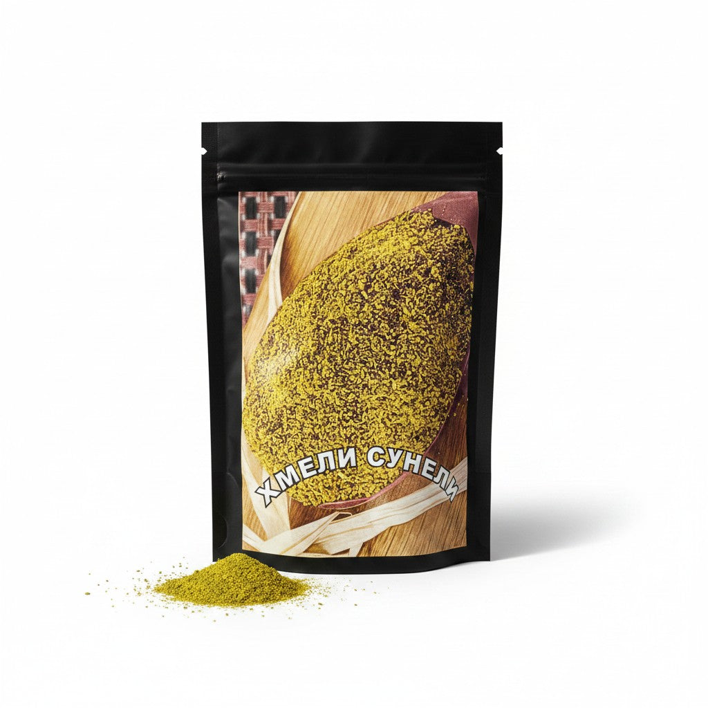 Asia Trade Khmeli Suneli Georgian spice blend in a black pouch with a wooden spoon graphic and yellow powder.