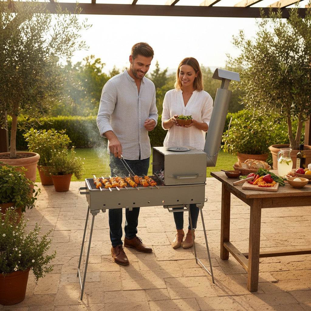 Asia Trade Kukmara black metal combination grill and stove with chimney, used by a couple in a sunny garden setting.