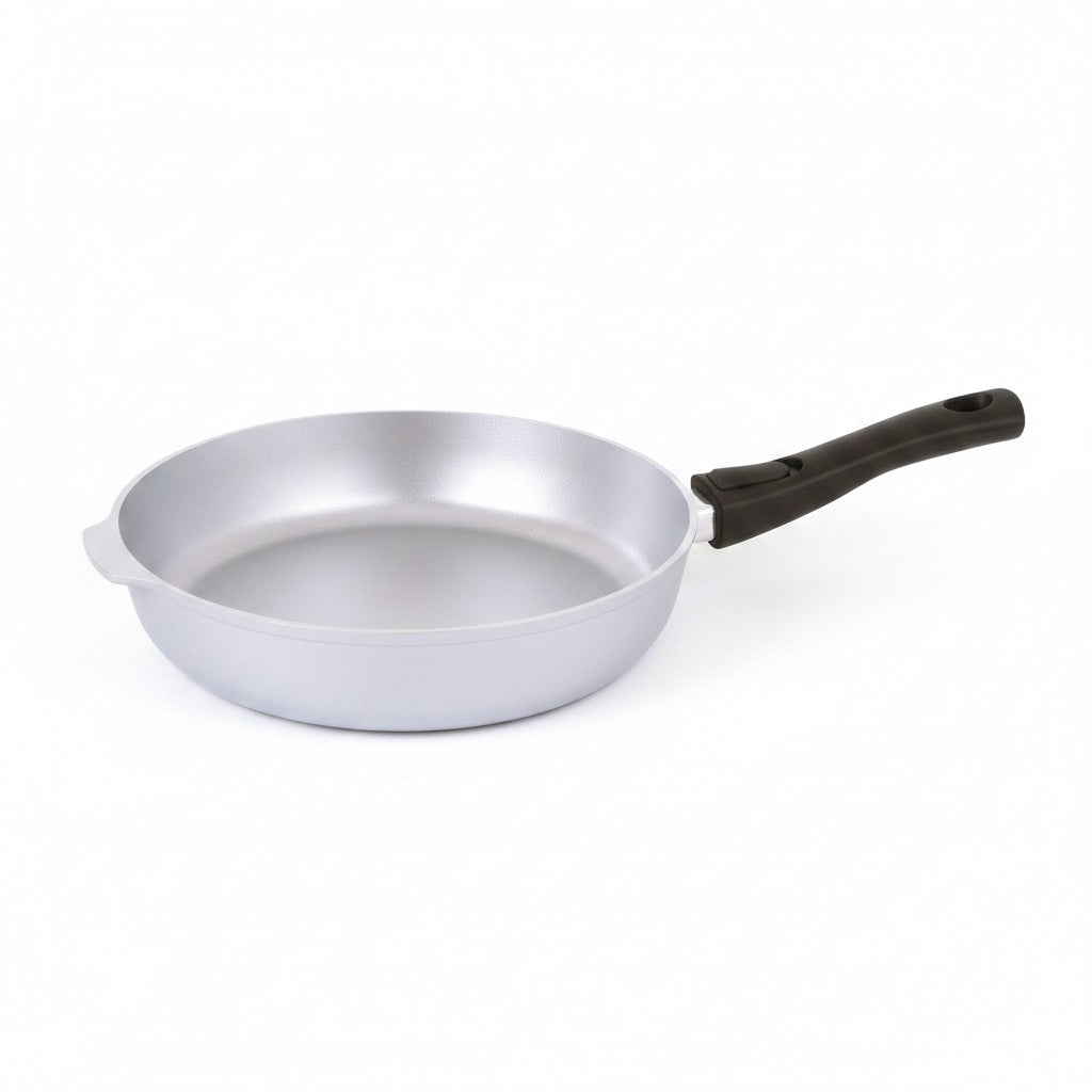 Asia Trade Kukmara 28cm cast aluminum frying pan with a detachable black bakelite handle on a white background