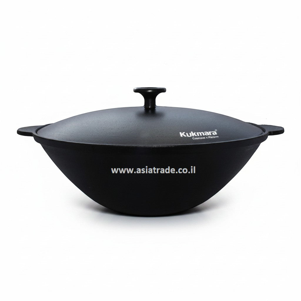 Asia Trade Kukmara 3.5L black cast iron wok with aluminum lid for induction and gas stovetops