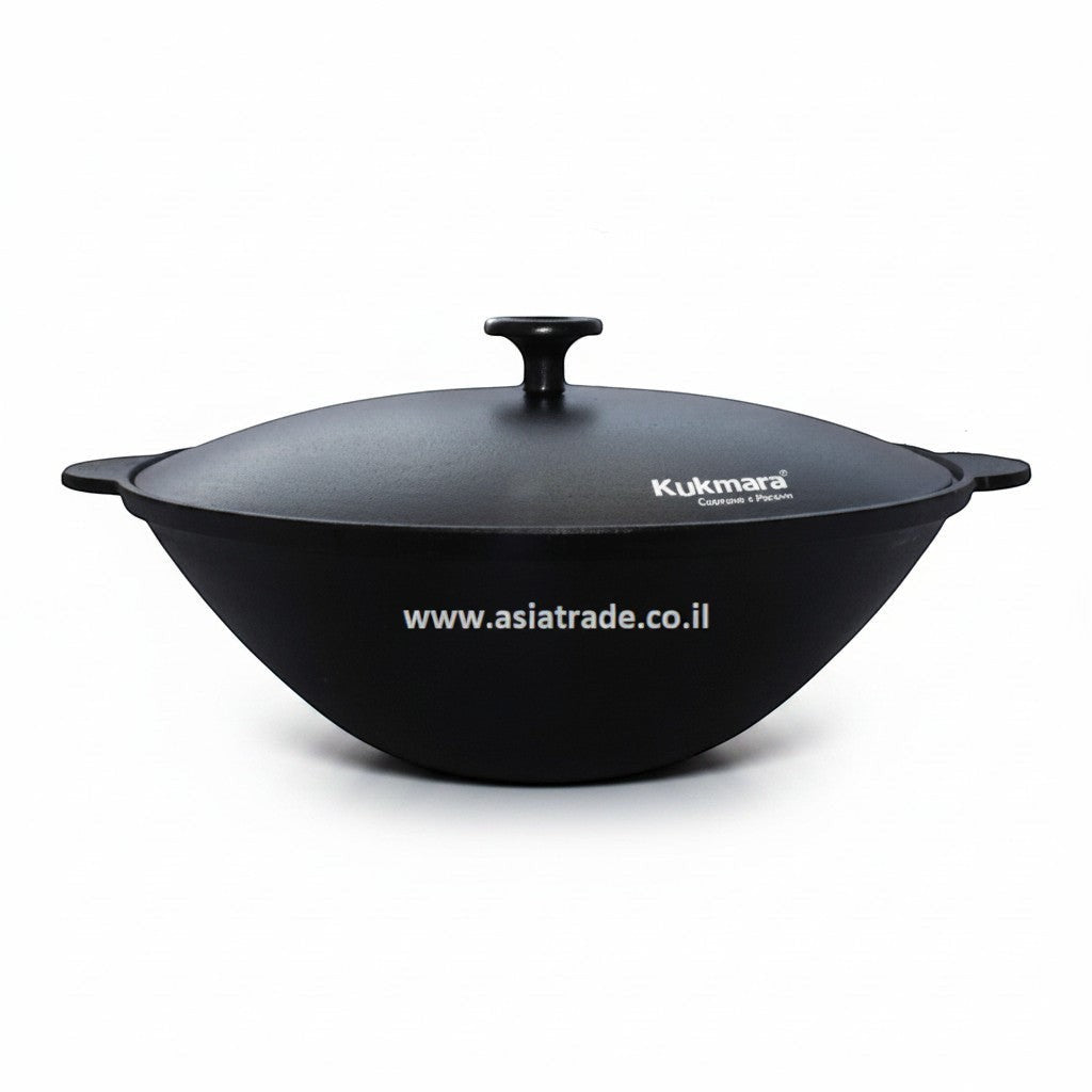 Asia Trade Kukmara 2.7L black cast iron wok with aluminum lid, suitable for induction and open fire cooking.