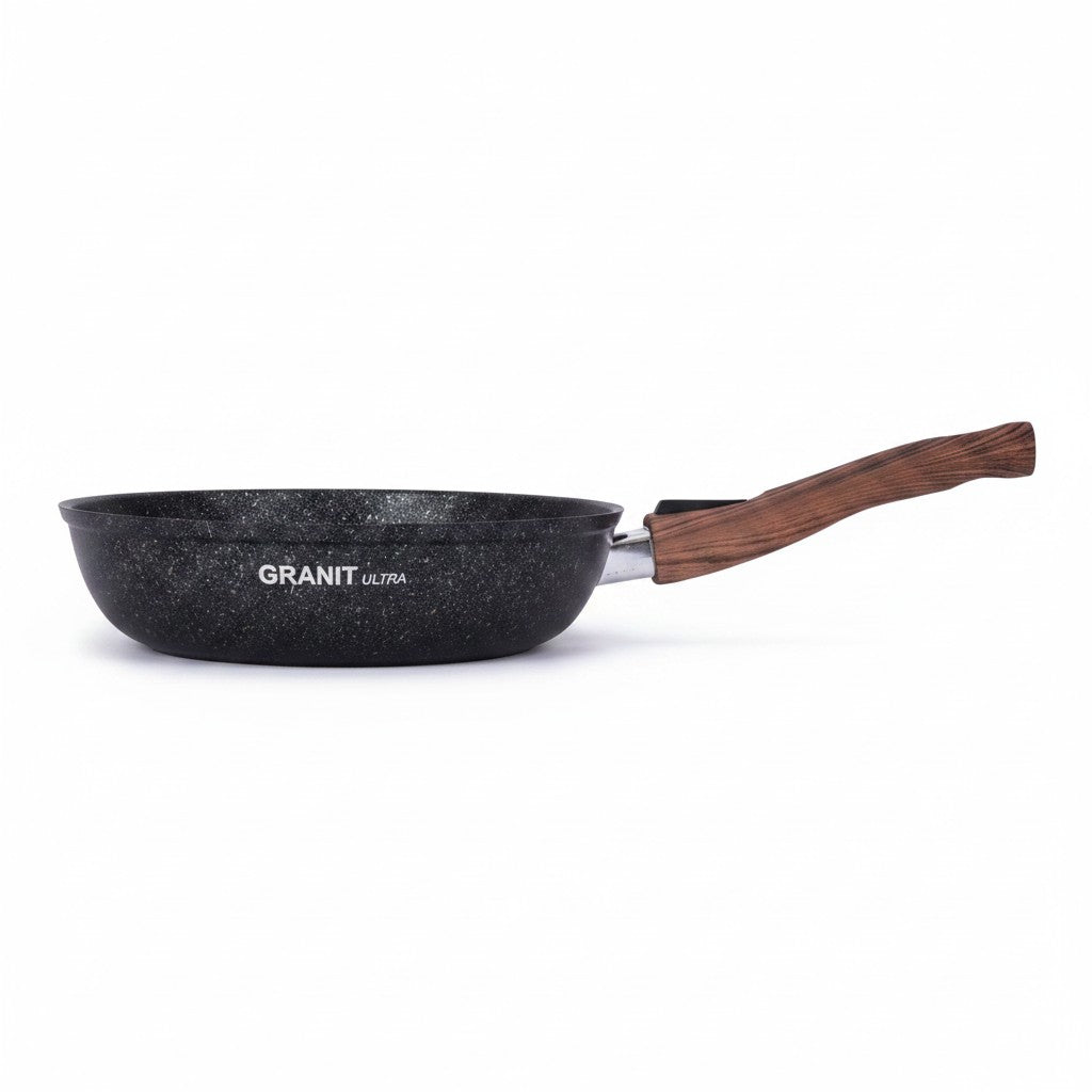 Asia Trade 22cm Kukmara Ultra Granit non-stick frying pan with a detachable wood-effect handle on a white background.