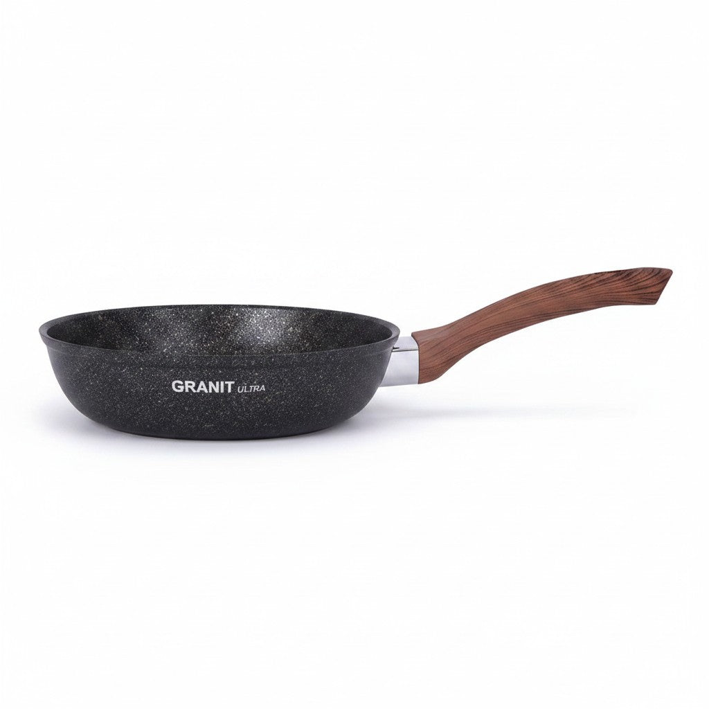 Asia Trade Kukmara 22cm Granit Ultra non-stick cast aluminum frying pan with a detachable wood-effect handle.