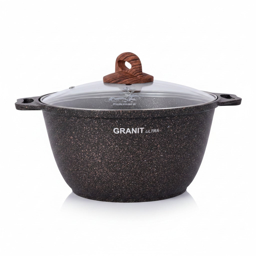 Asia Trade Kukmara 2-liter Granit Ultra cast aluminum pot with non-stick coating and glass lid with wood-look knob