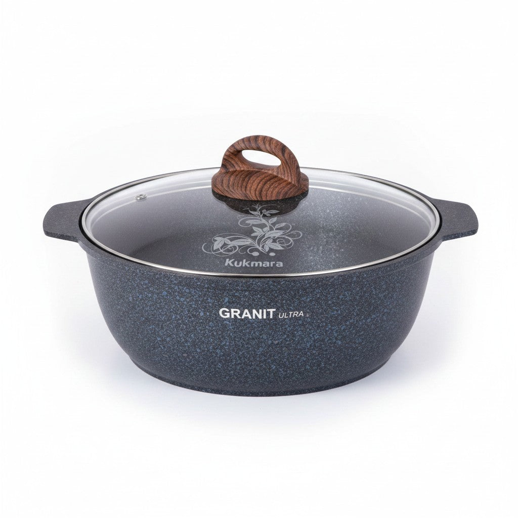 Asia Trade Kukmara Granit Ultra 3L saute pan with non-stick granite coating, glass lid, and wood-effect handle.