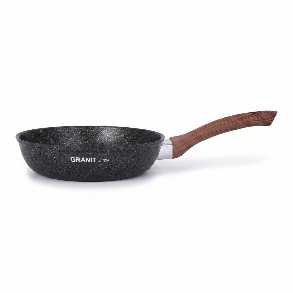 Asia Trade 26cm Kukmara cast aluminum non-stick frying pan with granite coating and a detachable wood-effect handle.