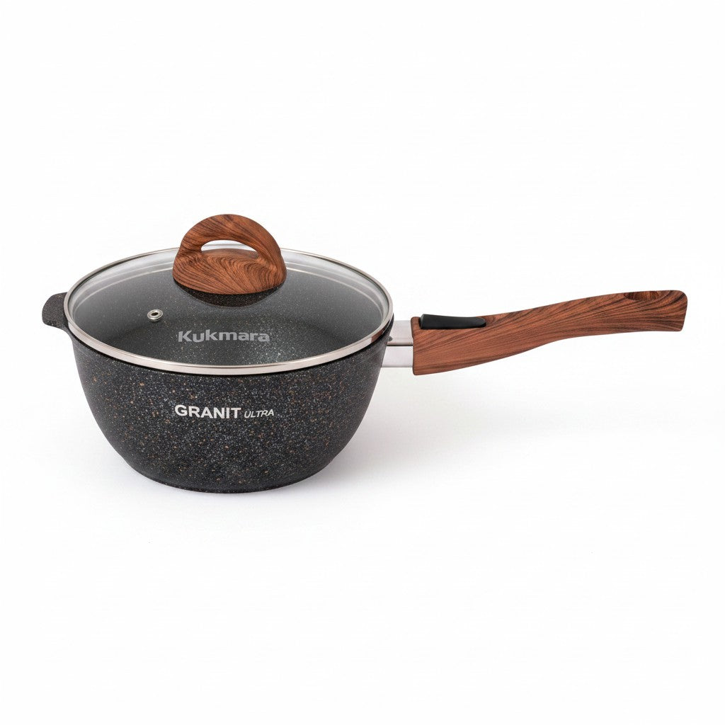 Asia Trade Kukmara 2.2L cast aluminum saucepan with non-stick granite coating, glass lid, and detachable wood-look handle