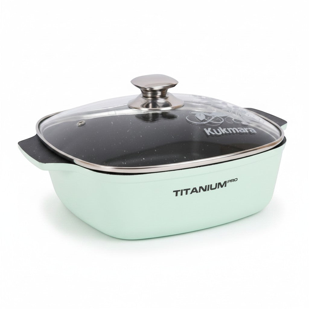 Asia Trade Kukmara Titanium Pro 4L square green cast aluminum saute pan with glass lid and non-stick interior