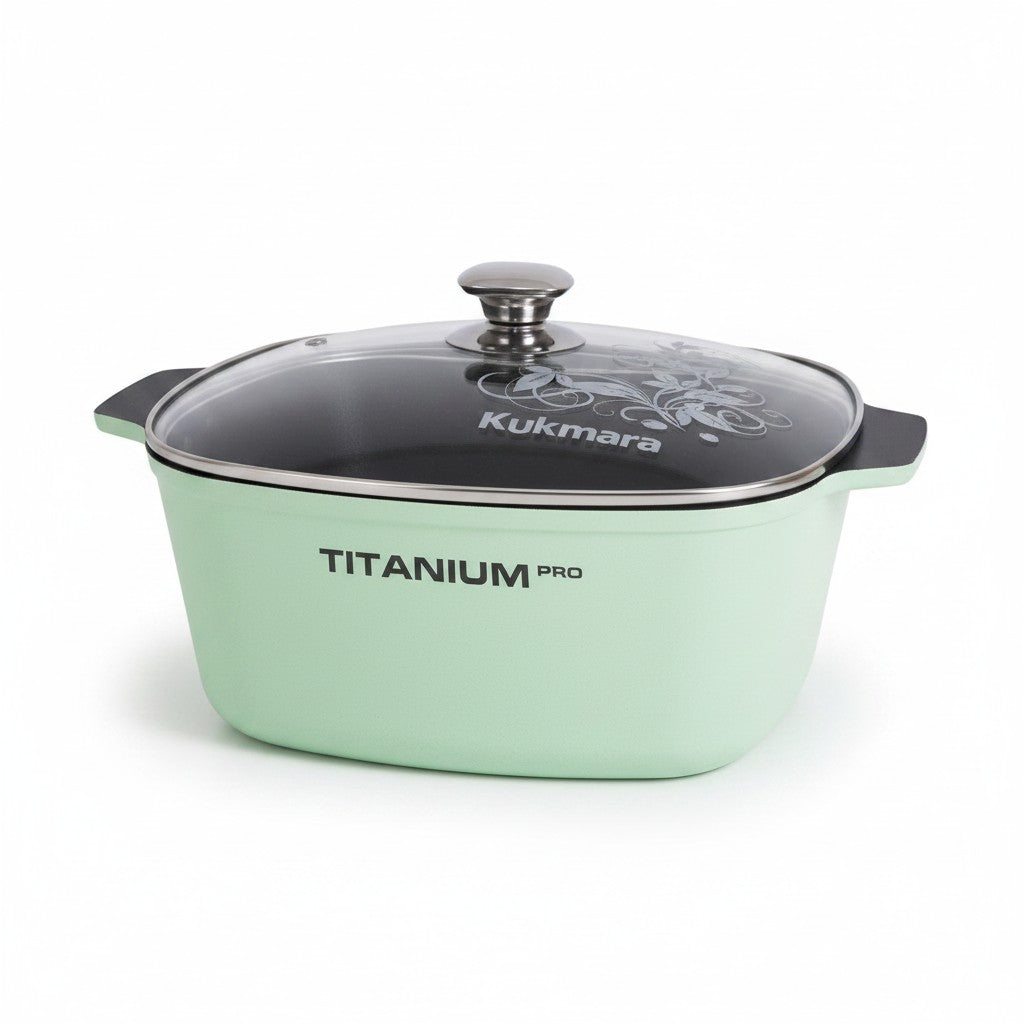 Asia Trade Kukmara Titanium Pro 5.5L square green cast aluminum saute pot with glass lid