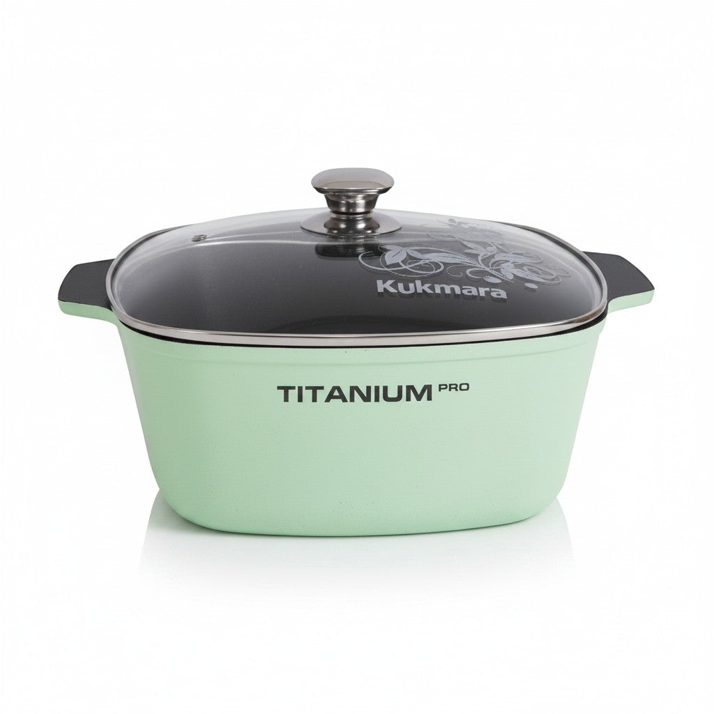 Asia Trade Kukmara Titanium Pro square 6.5L green cast aluminum saute pot with glass lid