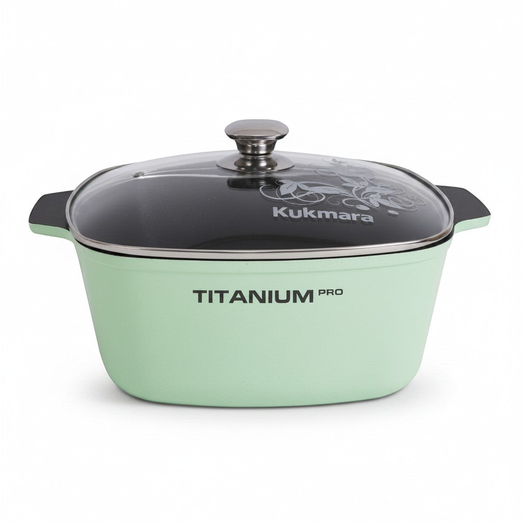 Asia Trade Kukmara Titanium Pro 5.5L square green cast aluminum saute pot with glass lid and non-stick coating