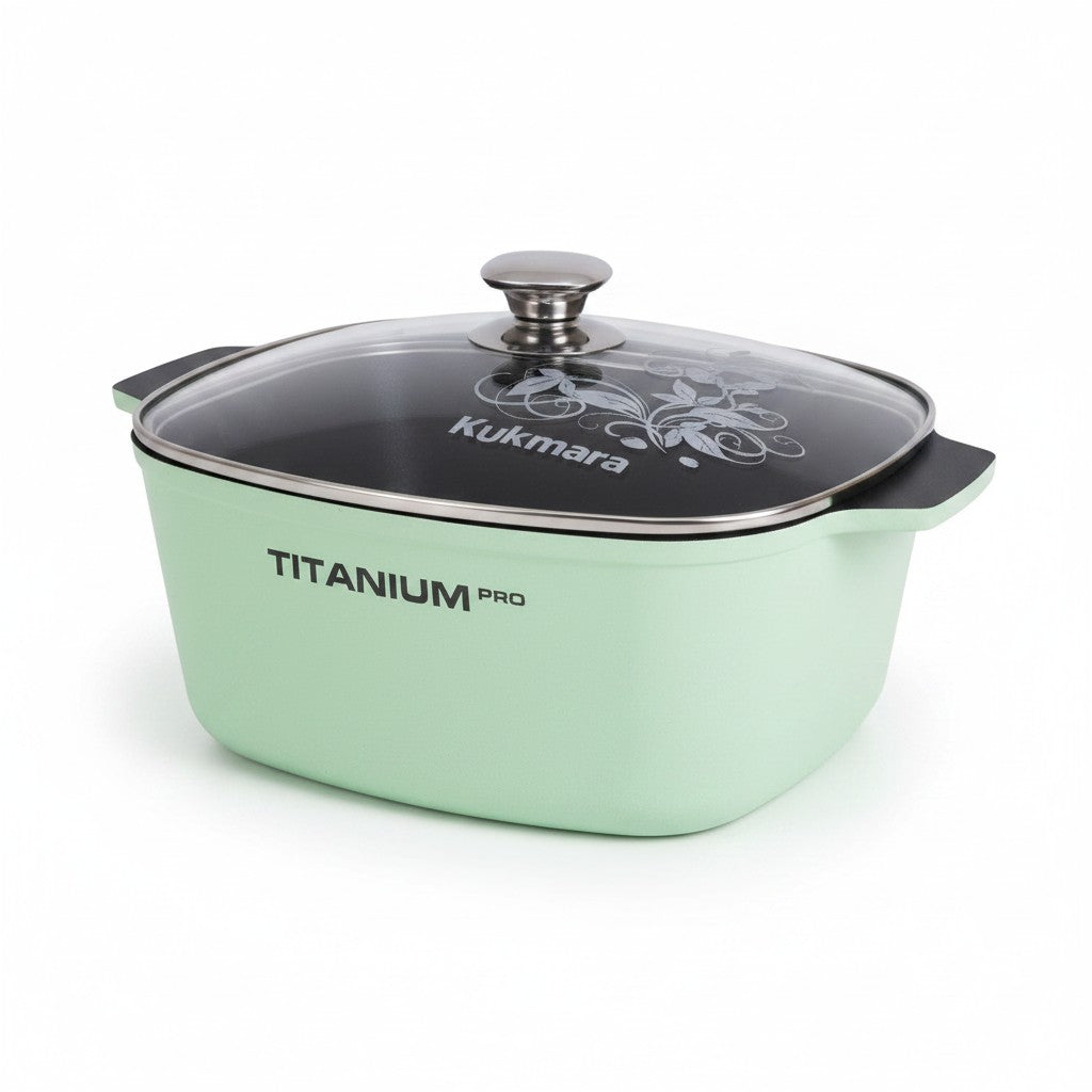 Asia Trade Kukmara Titanium Pro square 6.5L green cast aluminum sauté pot with glass lid