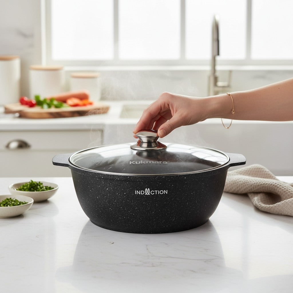Asia Trade Kukmara 4L marble induction roaster pot with glass lid on a kitchen counter
