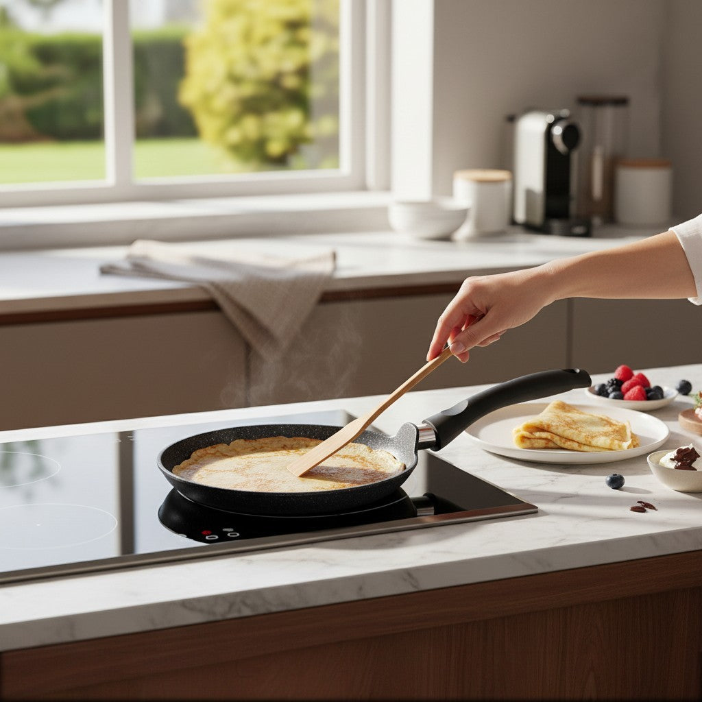 Asia Trade Kukmara 22cm marble induction pancake pan with non-stick coating on a stovetop with a crepe being cooked.