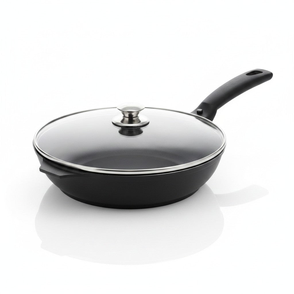 Asia Trade 22cm non-stick Kukmara frying pan with a glass lid and detachable handle on a white background