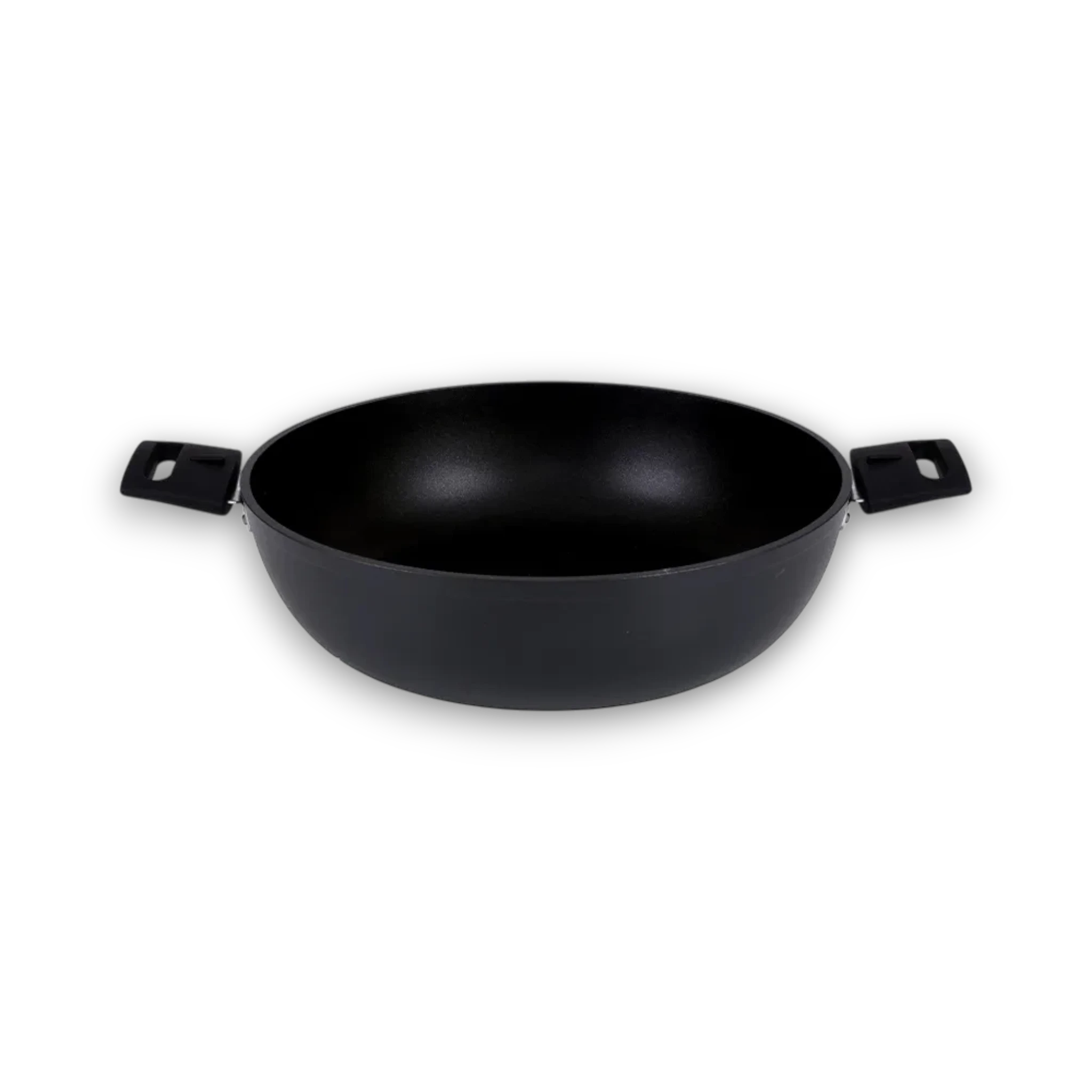 Asia Trade Kukmara Tradition 30cm black non-stick cast aluminum pan with detachable handles for stovetop and oven use.