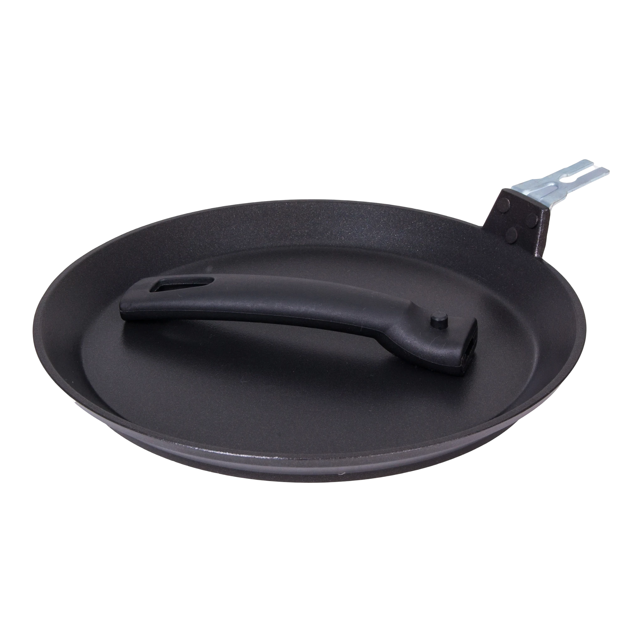 Asia Trade Kukmara 25cm non-stick pancake pan made of cast aluminum with a detachable handle on a black background.