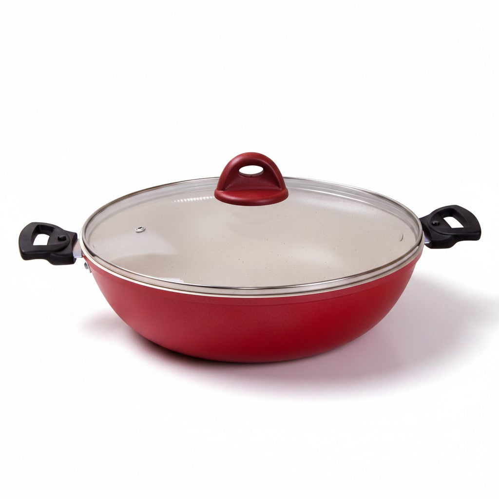 Asia Trade Kukmara red non-stick saute pan with glass lid and marble-effect interior, 30cm diameter