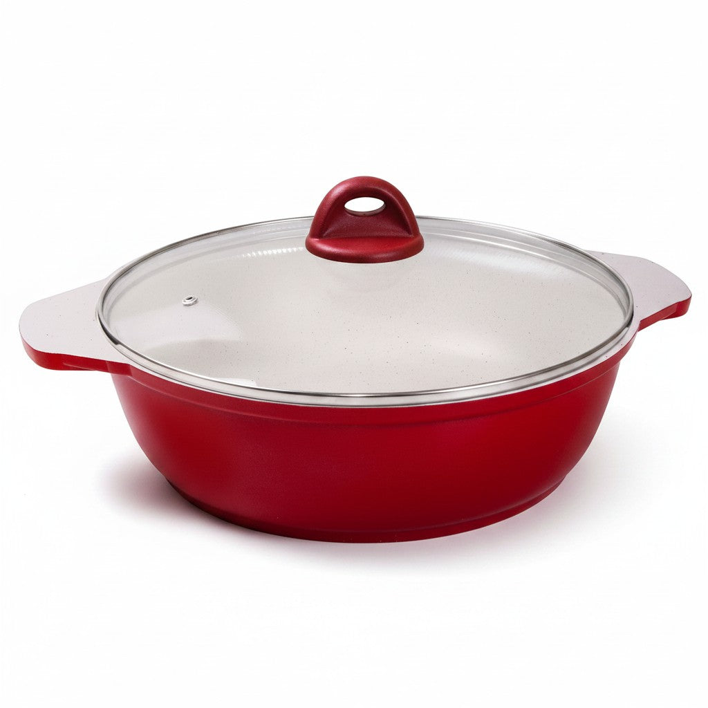 Asia Trade Kukmara 3L red cast aluminum saute pan with marble-effect non-stick coating and glass lid