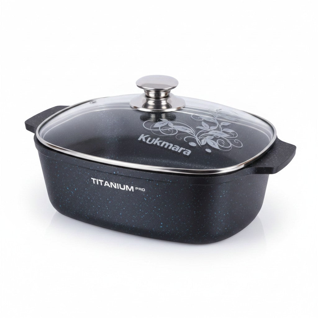 Asia Trade Kukmara Titanium Pro 5-liter square black cast aluminum roasting pot with glass lid