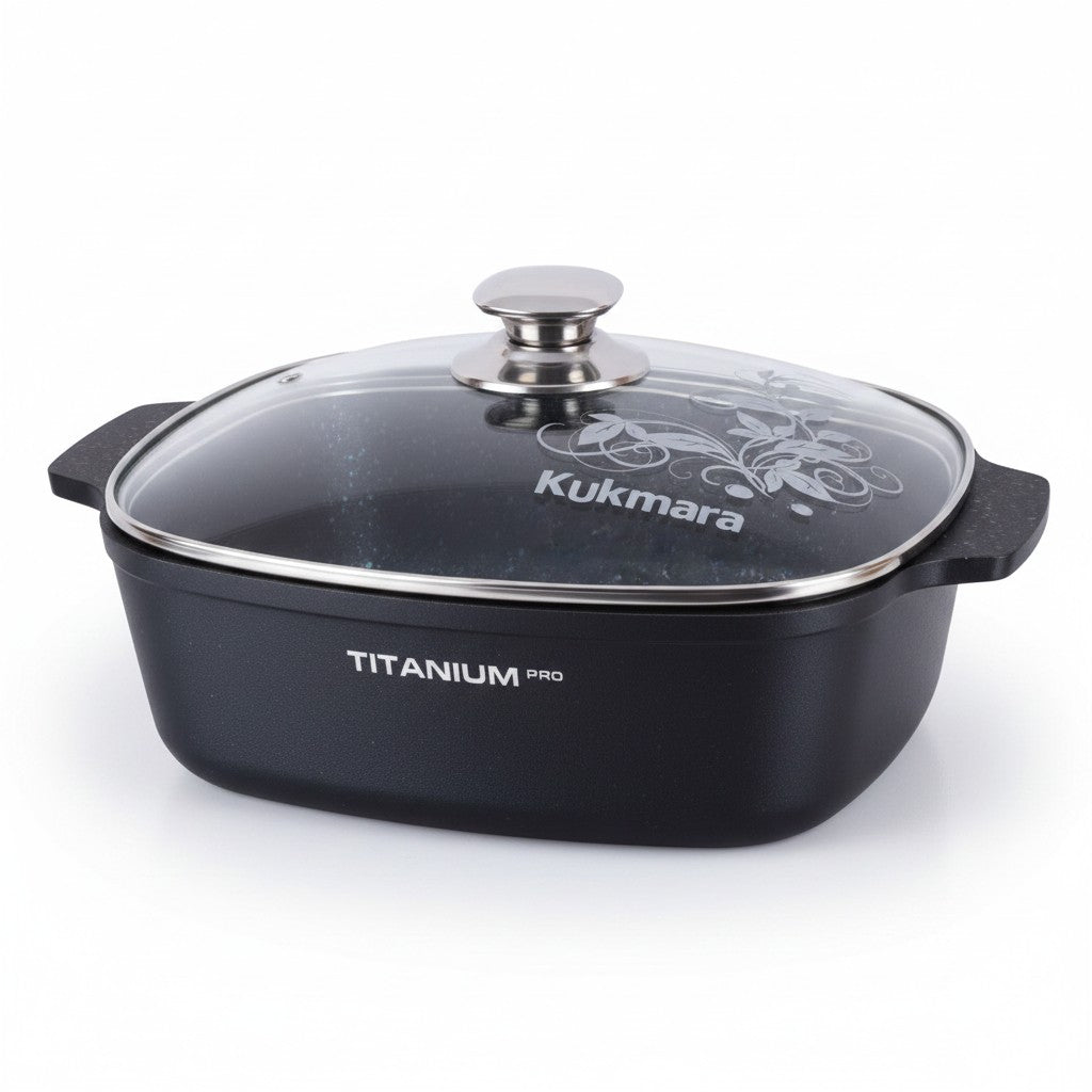 Asia Trade Kukmara Titanium Pro square 4L black cast aluminum saute pan with glass lid