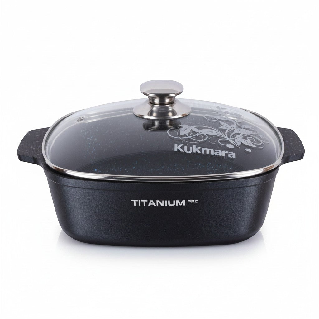 Asia Trade Kukmara Titanium Pro square 5L black cast aluminum saute pot with glass lid and non-stick coating
