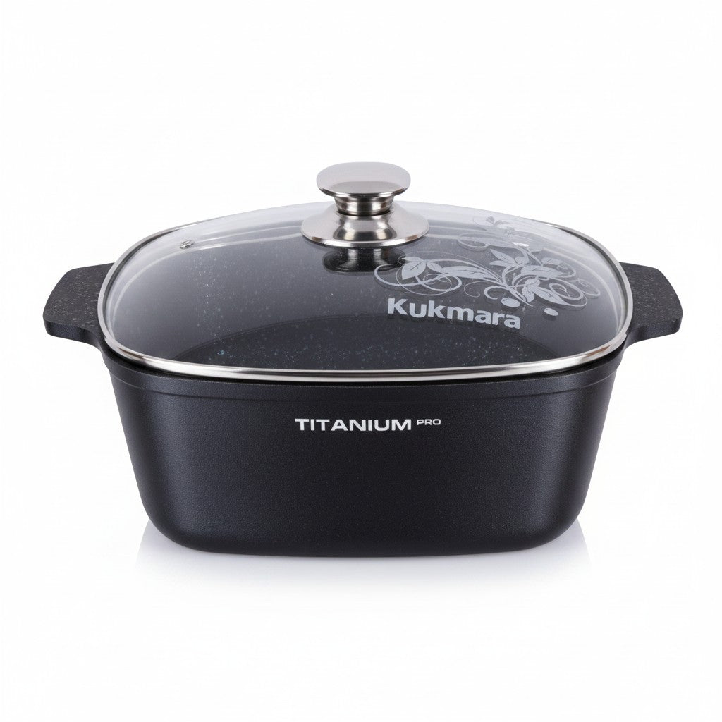 Asia Trade Kukmara Titanium Pro square 6.5L non-stick pot in black with a glass lid