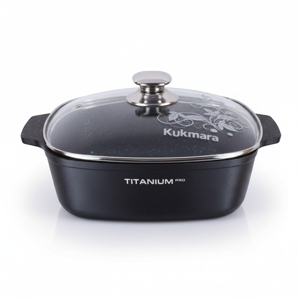 Asia Trade Kukmara Titanium Pro 4L square black cast aluminum saute pan with glass lid