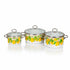 Asia Trade set of three white enamel pots with yellow lemon print and glass lids in various sizes