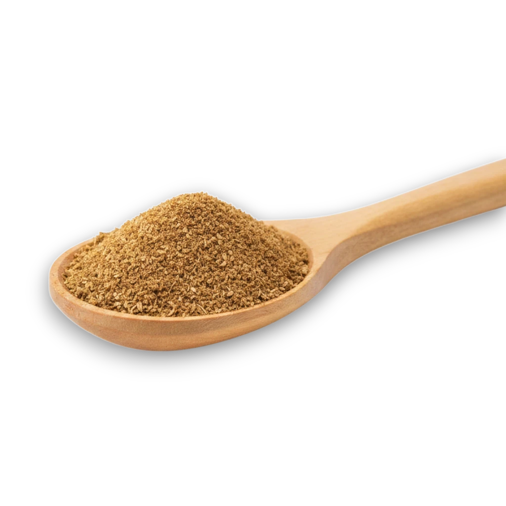 Asia Trade meat spice blend on a wooden spoon, featuring black pepper, paprika, cumin, and coriander.