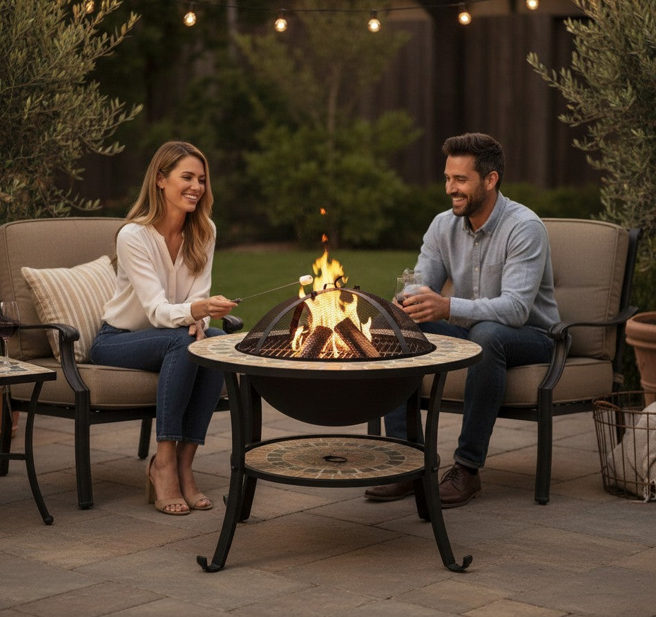 Asia Trade round mosaic fire pit table with safety mesh, used by a couple roasting marshmallows in a garden setting.