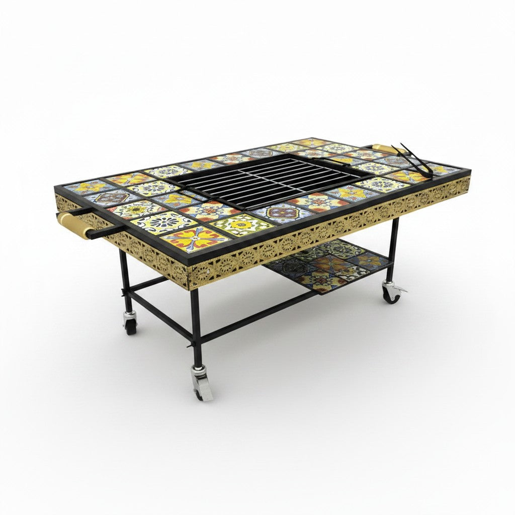 Asia Trade mosaic tile outdoor grill and fire pit table with black metal frame, wooden handles, and rolling wheels.