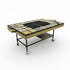 Asia Trade mosaic tile outdoor grill and fire pit table with black metal frame, wooden handles, and rolling wheels.