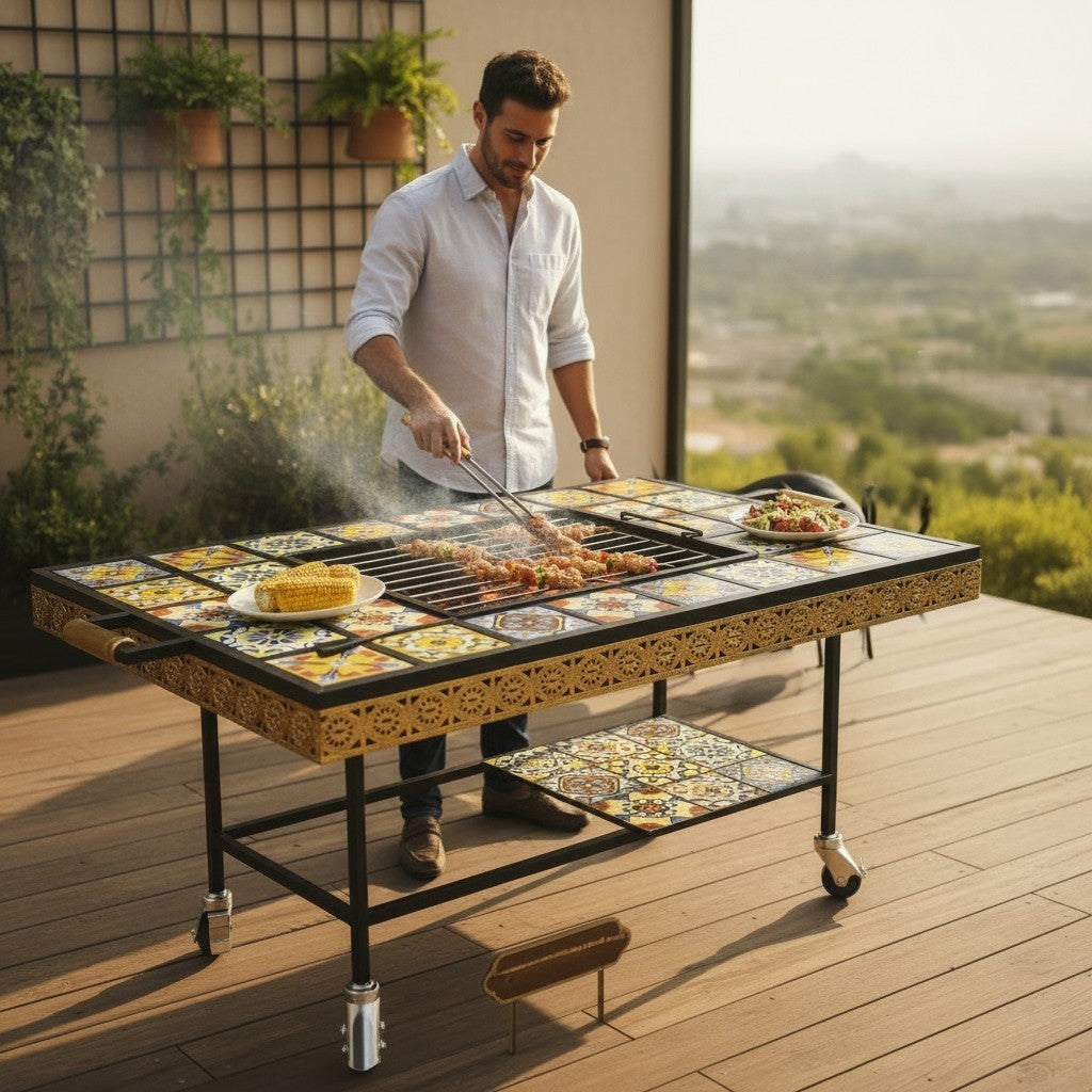 Asia Trade mosaic tile outdoor grill table with metal frame and wooden handles being used by a man on a patio