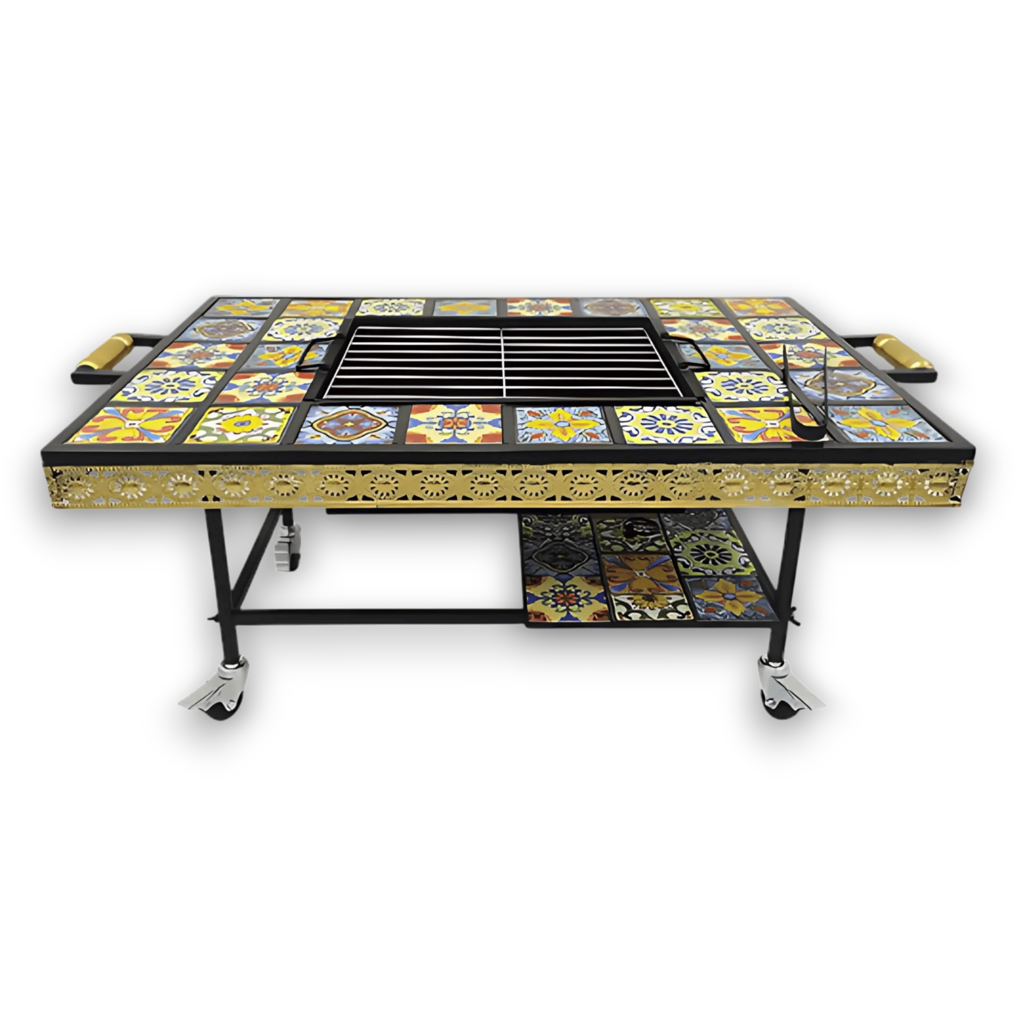 Asia Trade mosaic tile outdoor grill table with metal frame, wooden handles, and wheels for patio dining.