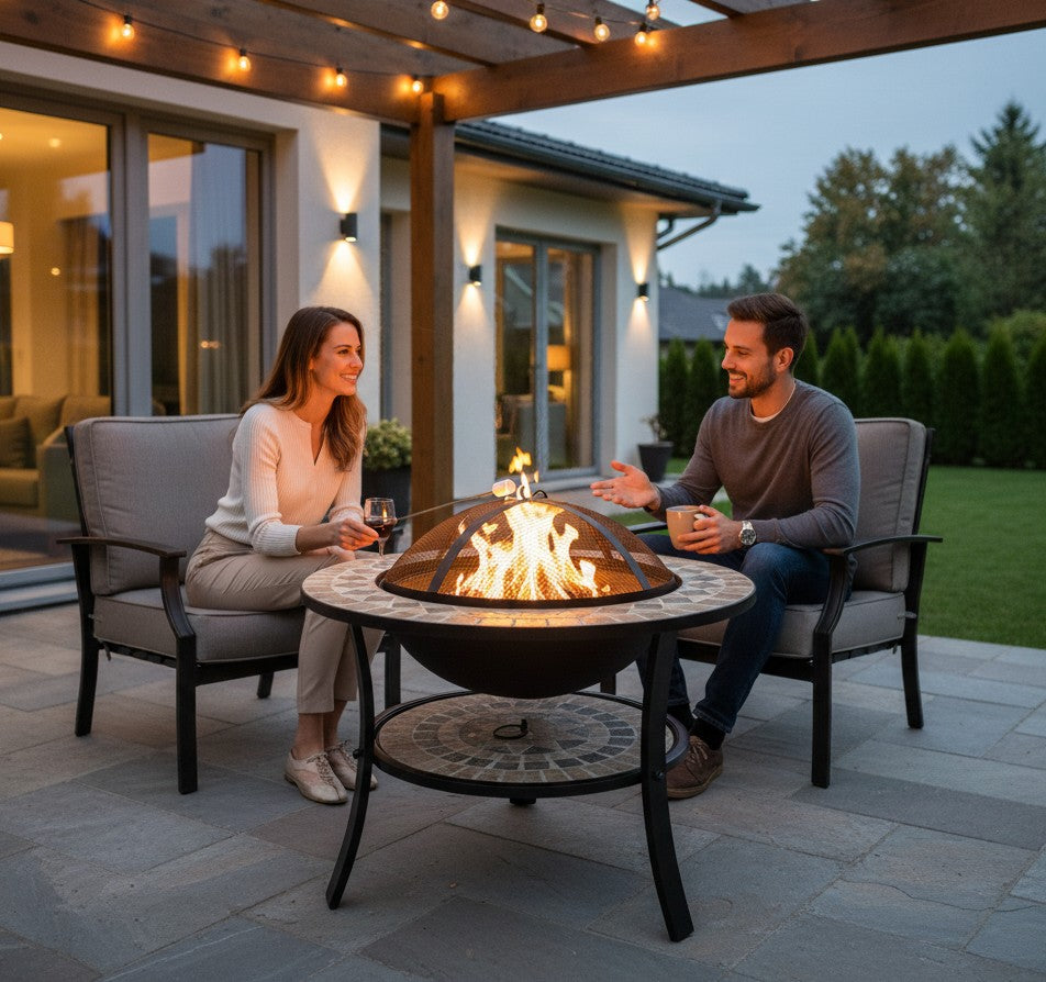 Asia Trade round mosaic tabletop fire pit grill with protective mesh screen, used by a couple on a patio.