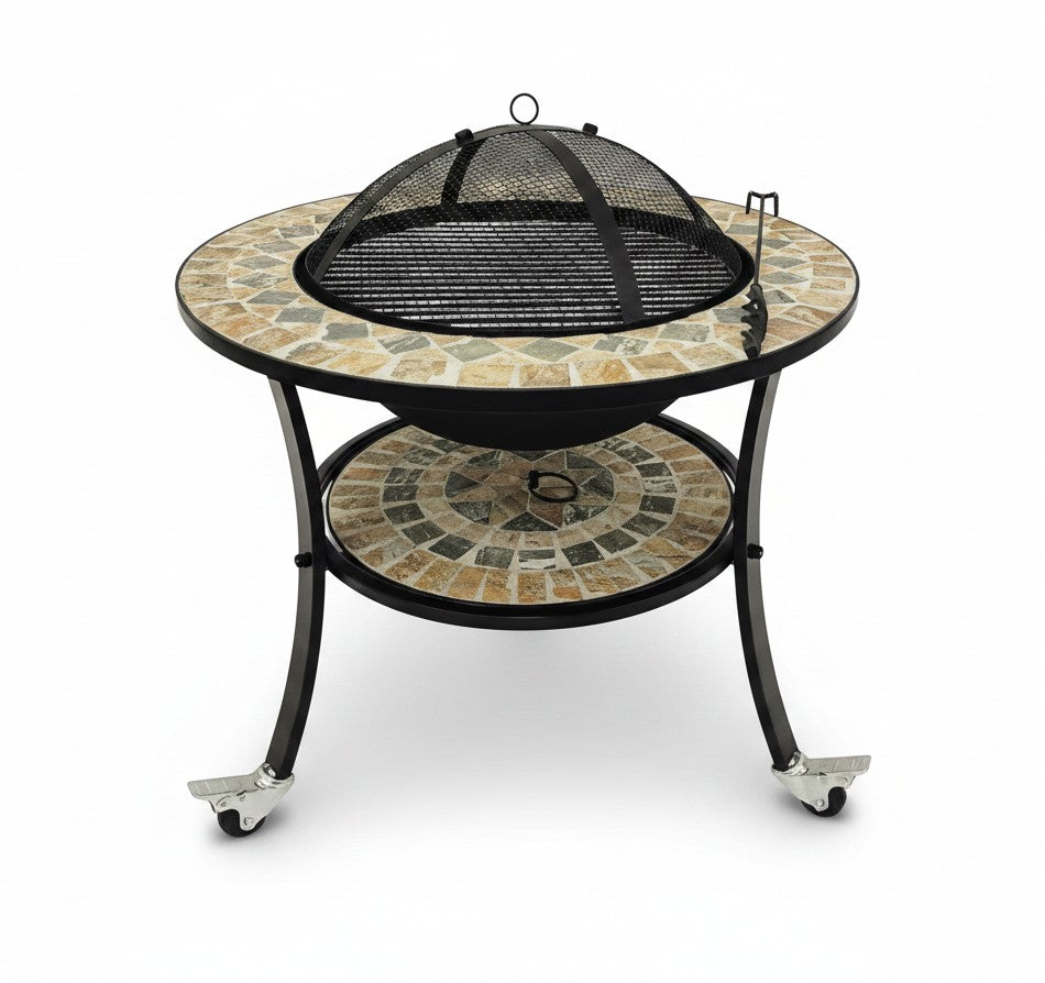 Asia Trade round mosaic tabletop charcoal grill with black iron frame, safety mesh cover, and rolling wheels.