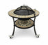 Asia Trade round mosaic tabletop charcoal grill with black iron frame, safety mesh cover, and rolling wheels.