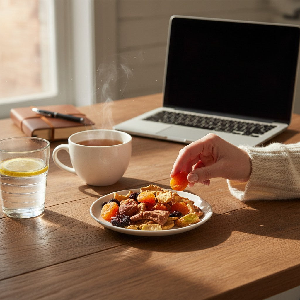 Asia Trade natural dried fruit mix for compote on a plate with a hand reaching for an apricot on a wooden desk