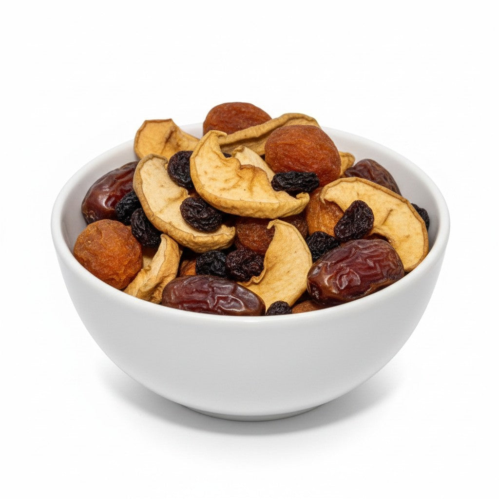 Asia Trade natural dried fruit mix including apricots, apple slices, and dates in a white bowl