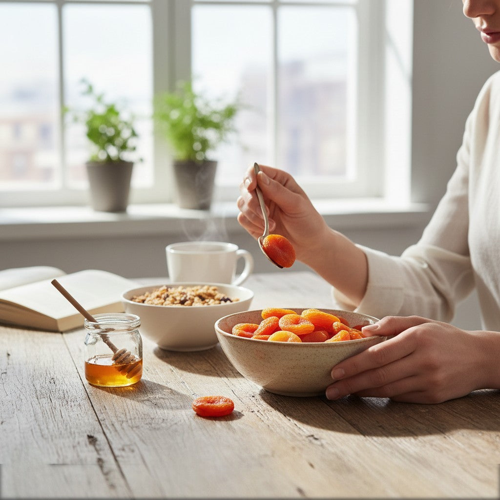 Asia Trade natural sun-dried Uzbek apricots in a bowl with a woman eating them for a healthy breakfast