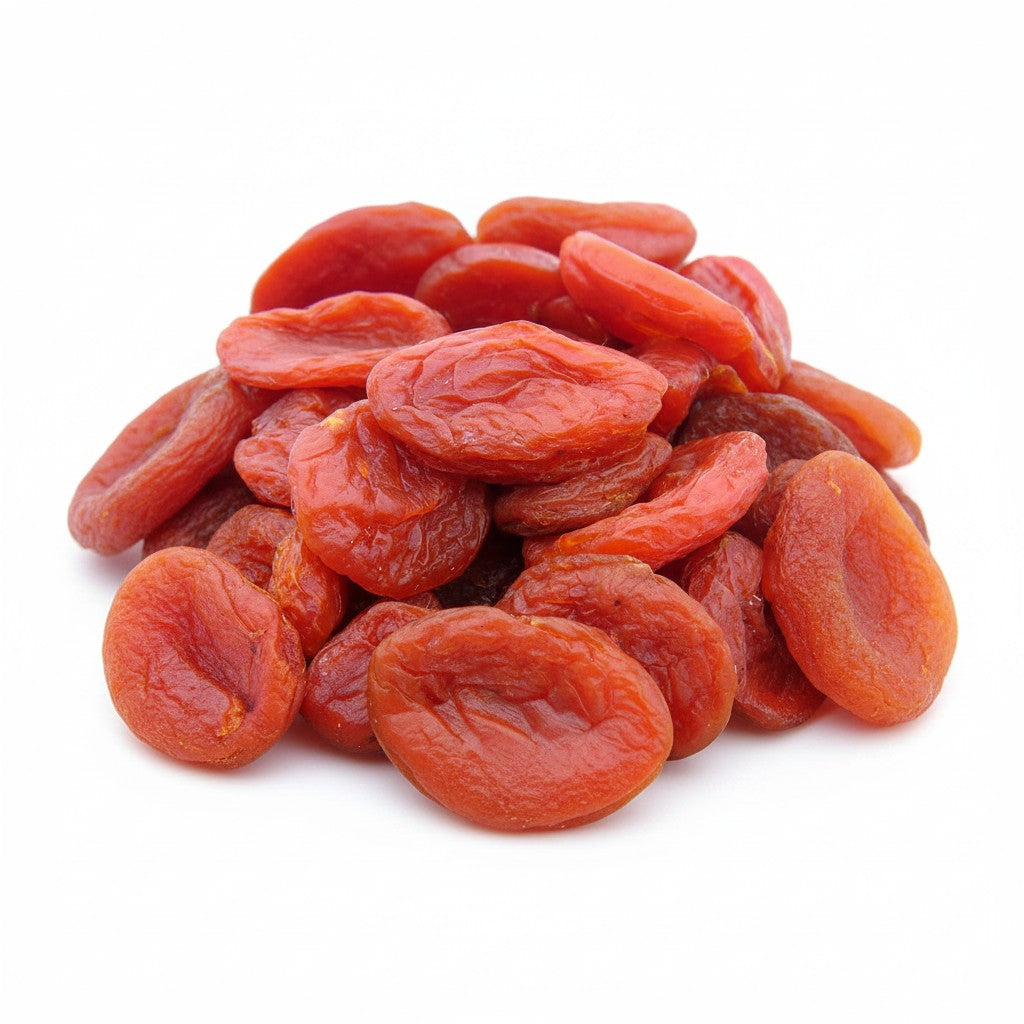 Asia Trade natural sun-dried Uzbek apricots, dark orange, pitted, fleshy, and preservative-free dried fruit.