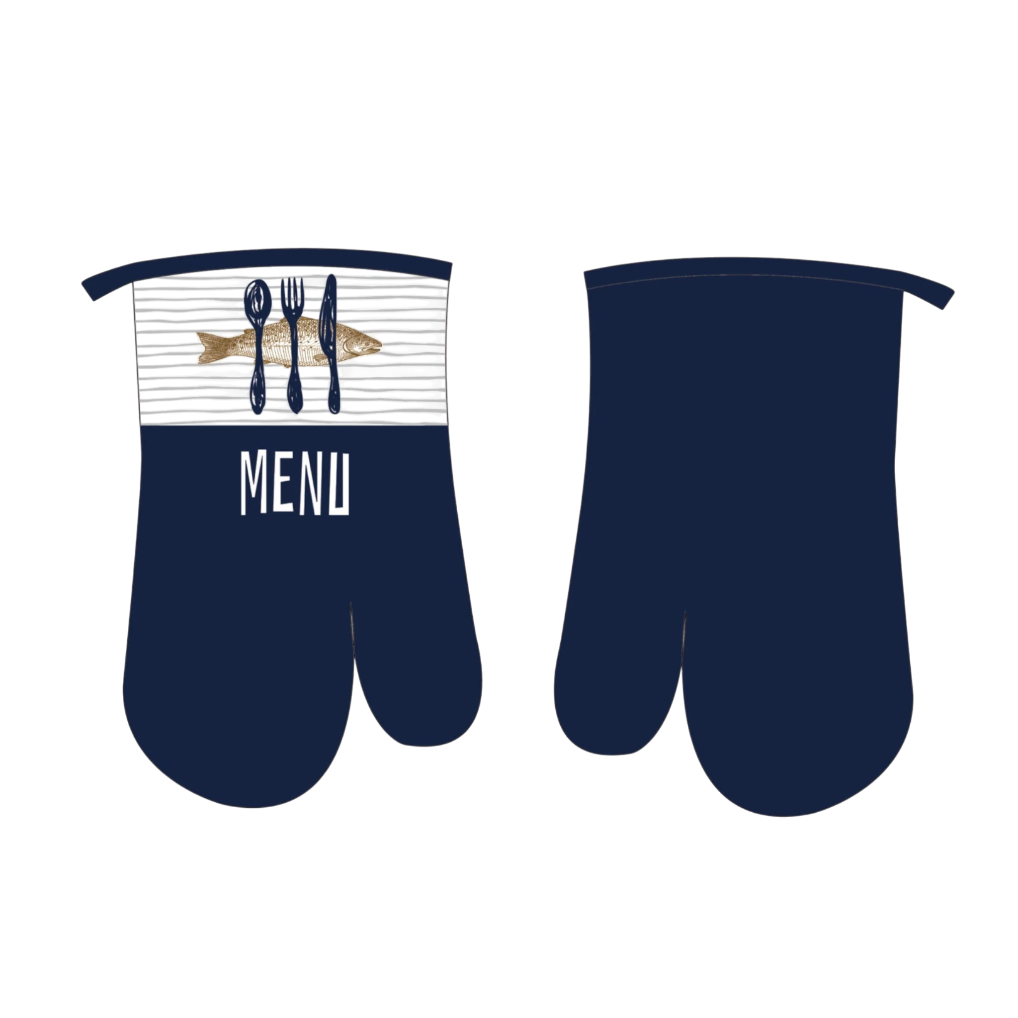 Asia Trade ARCOSTEEL navy blue oven mitt with fish and cutlery graphic print and menu text