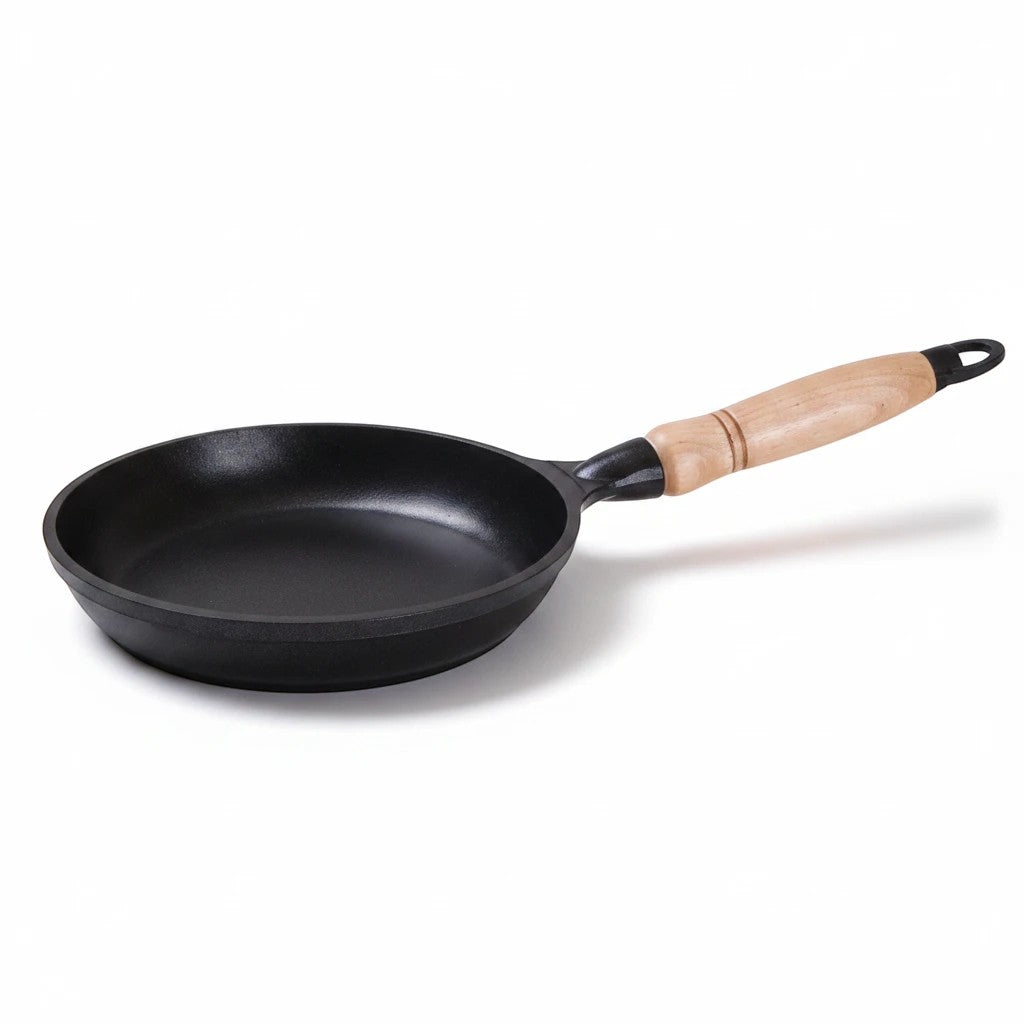 Asia Trade 22cm non-stick cast aluminum frying pan with a wooden handle on a white background