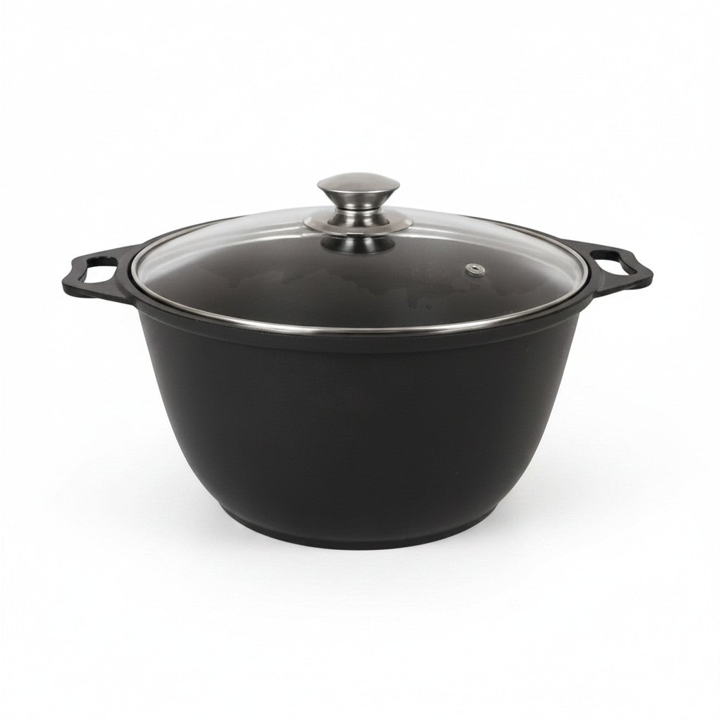 Asia Trade 4L non-stick cast aluminum pot with glass lid, featuring a traditional design and heat-resistant handles.