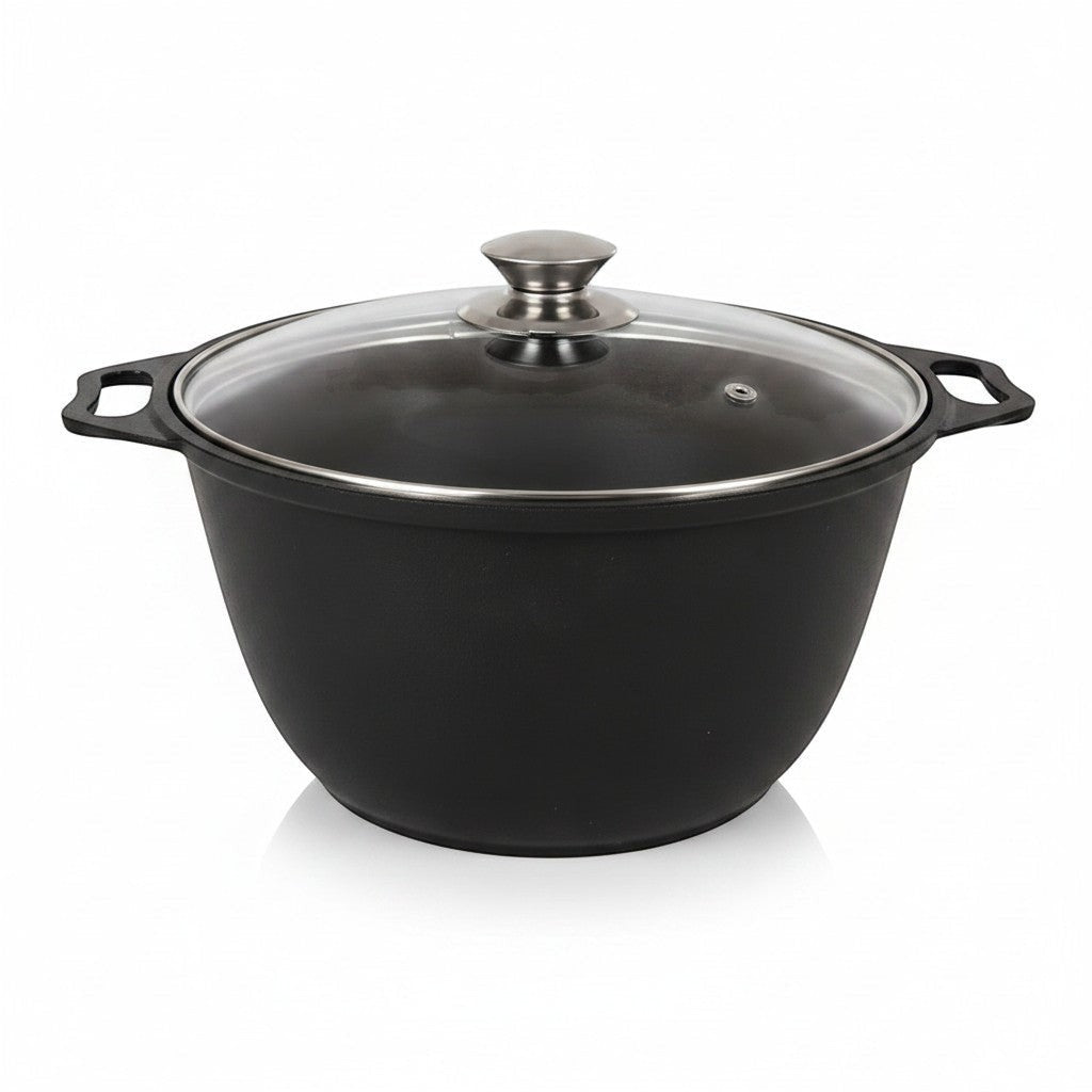 Asia Trade 2L non-stick cast aluminum cooking pot with glass lid and ergonomic side handles